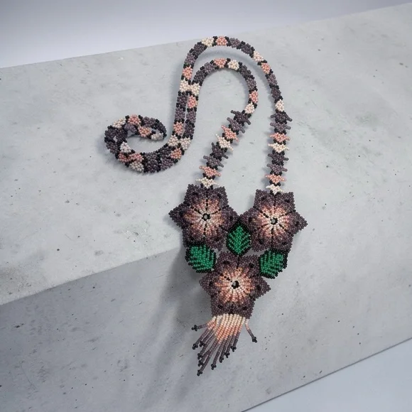 Handmade Beaded Floral Statement Necklace Mauve Pink Green Artisan Jewelry - Picture 4 of 7